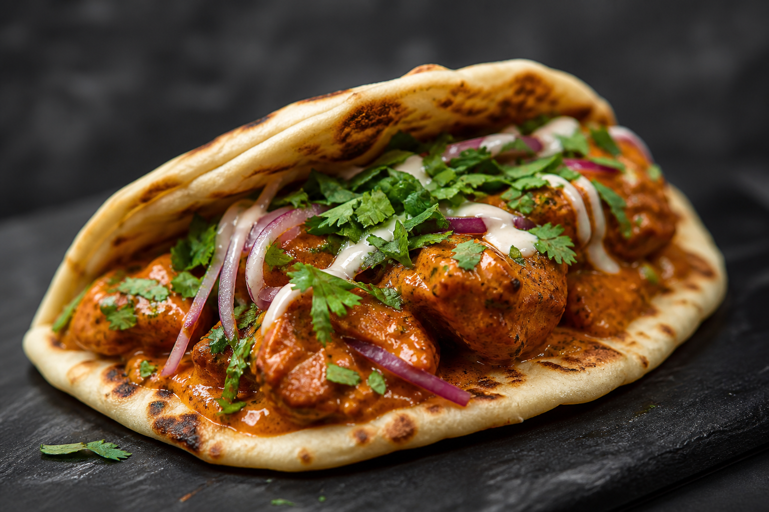 Cheesy naan taco filled with Punjabi curry at Punjabi Bytes